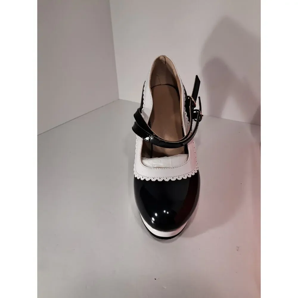 Mary Janes Clorblock White Black Retro Strappy Chunky Heel Pumps size 6